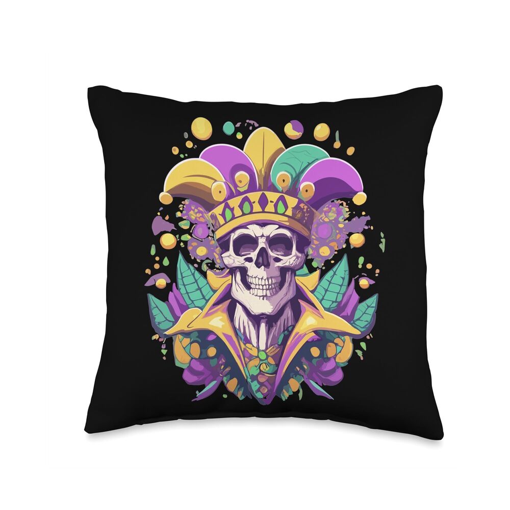 8743 Funny Sugar Skull Mardi Gras Throw Pillow, 16x16, Multicolor